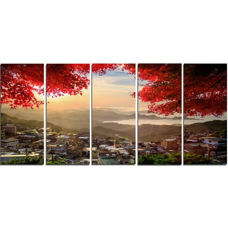 Design Art 'Taiwan Township with Red Trees' 5 Piece Photographic Print on Wrapped Canvas Set