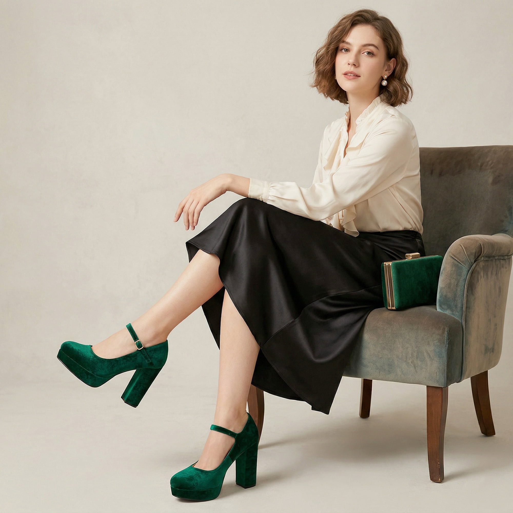 DARING DIVA Women's Velvet Ankle Strap Platform Block Heels Mary Jane Pumps Green 9