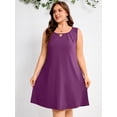 thumbnail image 5 of SHOWMALL Plus Size Sleeveless Summer Dress for Women, Keyhole Cutout Pleated Neck Purple 3X A-Line Dress with Pockets, Soft Casual Sun Dress, 5 of 6