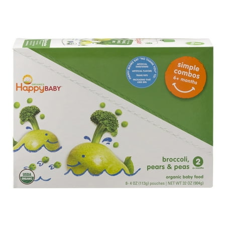 (8 Pack) Happy Baby Simple Combos, Stage 2, Organic Baby Food, Pears, Peas & Broccoli – 4 oz