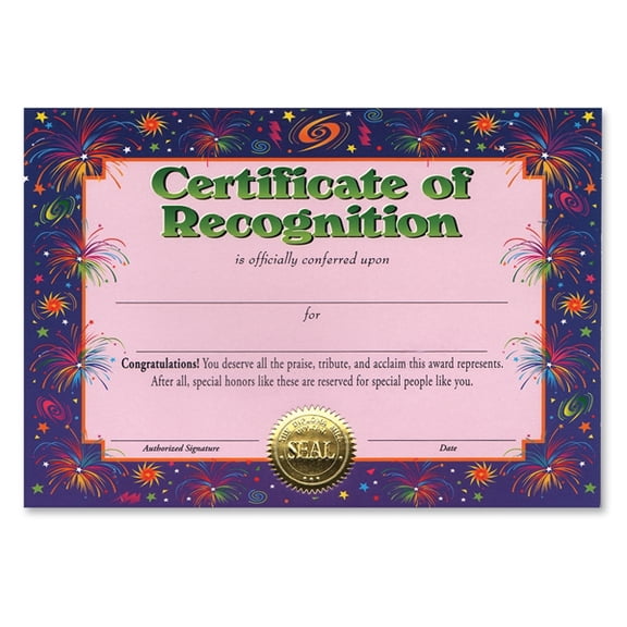 Beistle Pack of 6 Colorful Fireworks "Certificate Of Recognition" Certificates 5" x 7"