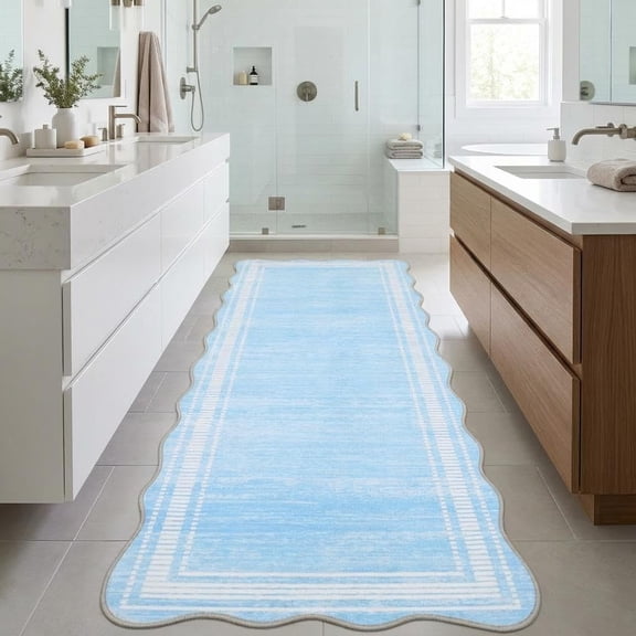 2x6 Runner Rug Non Slip Washable Hallway Kitchen Rug Scalloped Light Blue