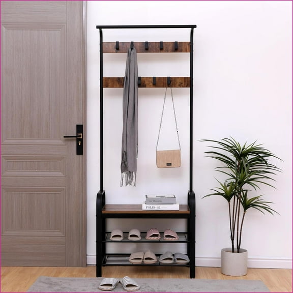 Coat Racks, 4-in-1 Rustic Brown Hall Tree with Shoe Bench, 9 Hooks, Hanging Rod, 13.8x25.2x72.8 In | Brown | MDF Metal