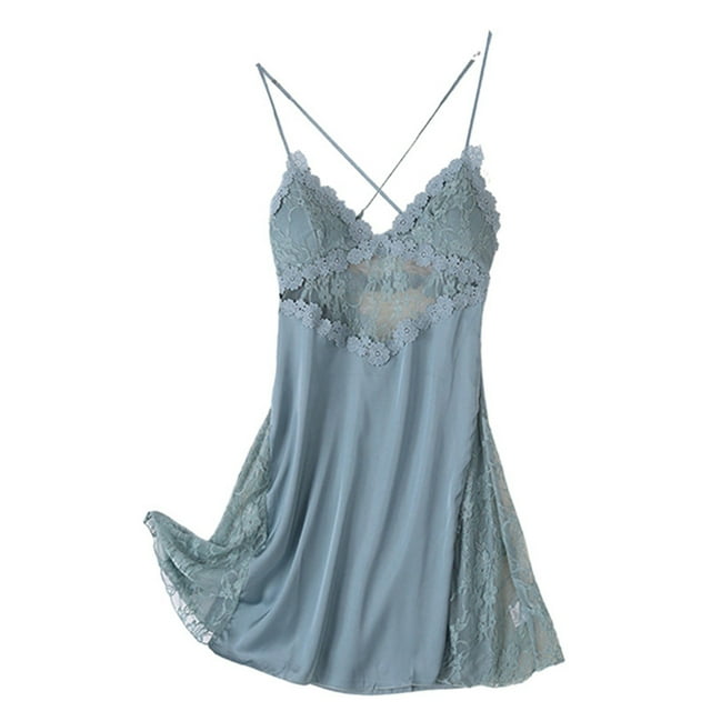Gibobby Pijama de algodón para Mujer Día de San Valentín Camisón seda satinado acolchado con tirantes encaje sexy para mujer Ropa para el(Azul celeste,XL)