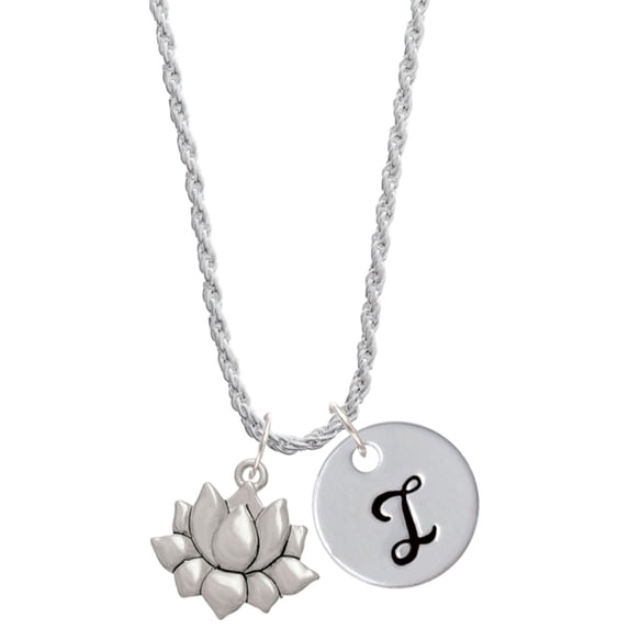 Delight Jewelry Medium Lotus Flower Silvertone Script Initial Disc - I - Charm Necklace, 20"+3"