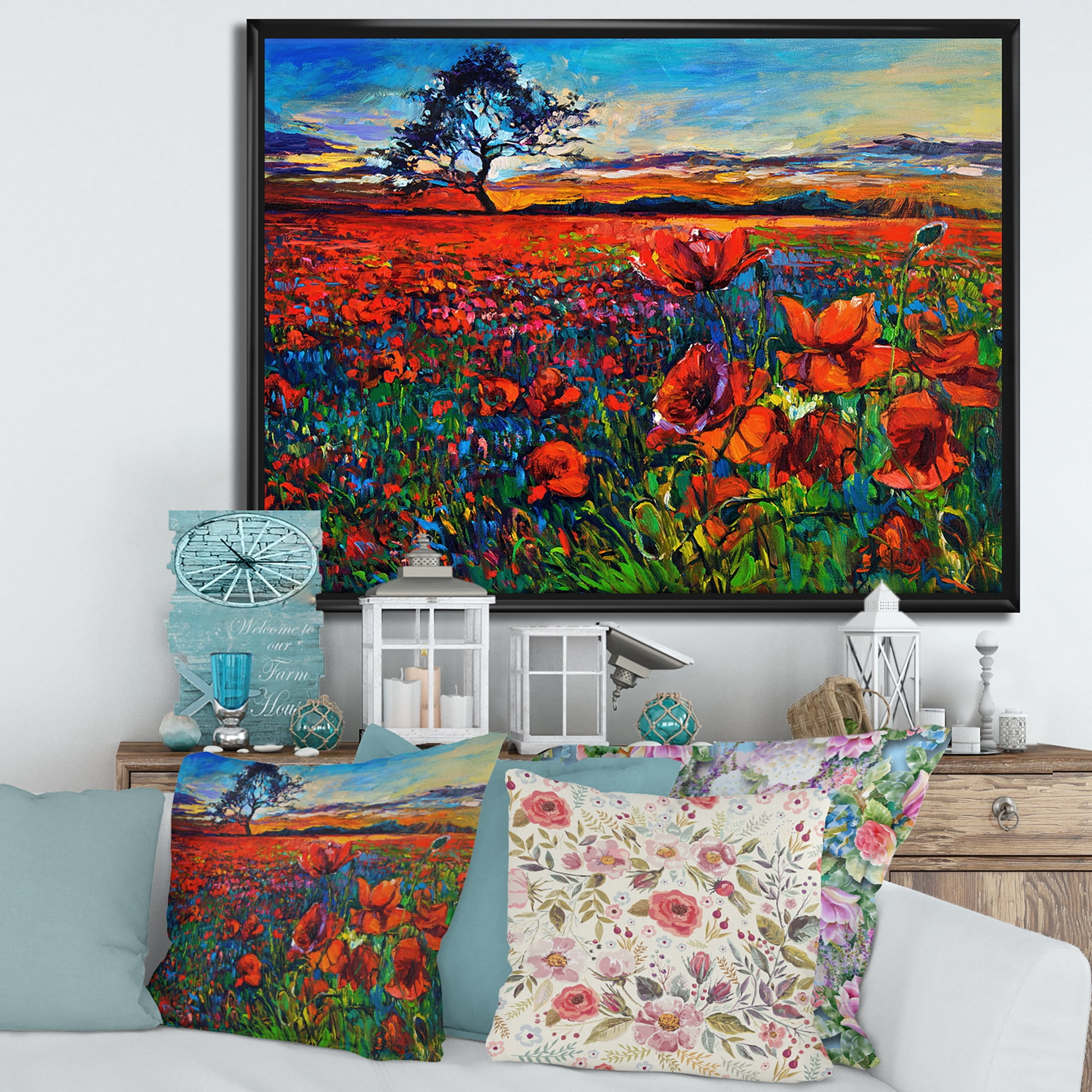 Designart 'Blossoming Red Poppy Fields With Distant Tree' Traditional Framed Canvas Wall Art Print