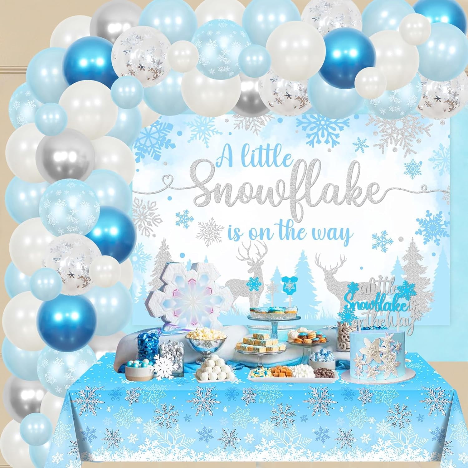 Snowflake Baby Shower Decorations, A Little Snowflake Is On The Way Backdrop Cake Topper Snowflake Balloon Garland Arch Kit Tablecloth Blue for Boys Winter Baby Shower Party Supplies