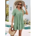 thumbnail image 4 of Women'S Short Sleeve V Neck Ruffle Hem Solid Swing Smock Dress Casual Loose Fit Mini Dress Summer Beach Wear Bean green S, 4 of 9