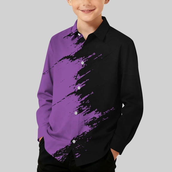 LOINRODI Boys' Long-Sleeve Shirt Bold Brushstroke Print Button Down Spring and Fall Collar Casual Tops for Kids Purple 11-12 Years
