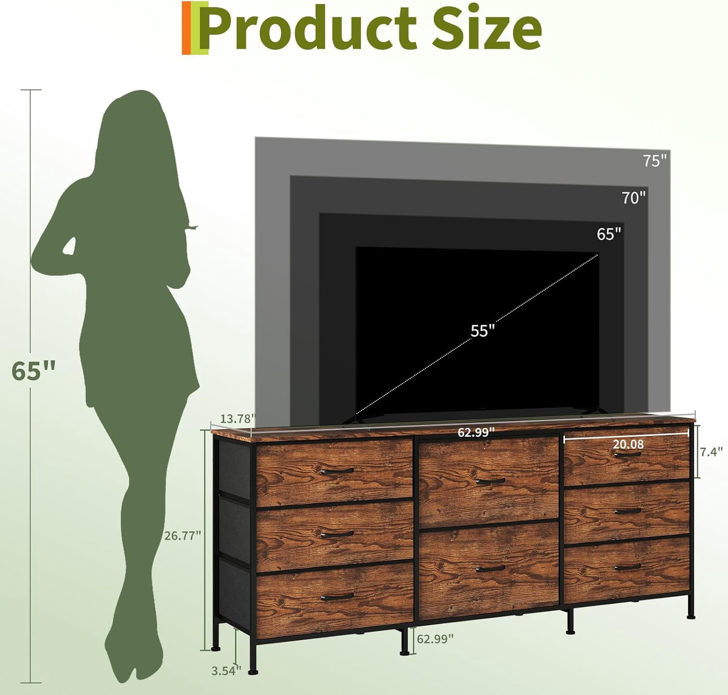 63 Inch TV Stand Dresser for Bedroom, 8 Fabric Drawers, for 65 70 75 Inch TV, Entertainment Center with Storage Media TV Console Table