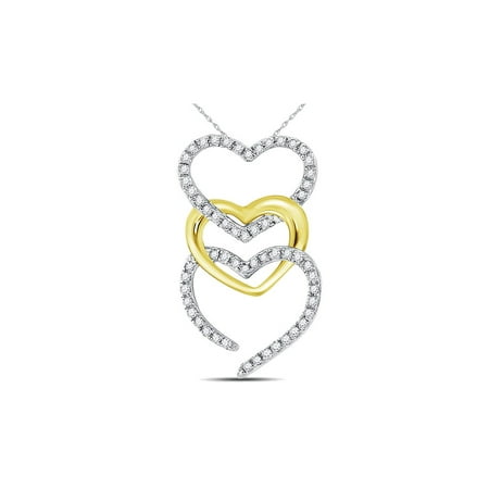 10k Triple Heart - 1/6 Carat (ctw I-J, I2) Triple Heart Diamond Pendant Necklace in 10K Yellow and White Gold with Chain