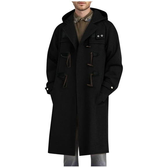 Men's Wool Blend Single Breasted Long Trench Coat, Men's Notch Lapel Long Sleeve Wool Blend Trench Coat Classic Toggle Duffle Hooded Overcoat Fashion Pea Coat with Pockets Trendy Coats