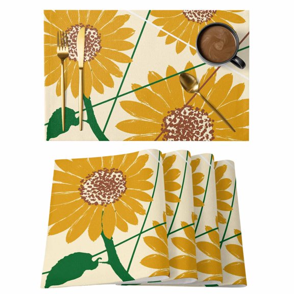 Yellow Sunflowers Placemats Set of 2, Boho Modern Abstract Minimalist Flower Lines Non-Slip Place Mats Washable Table Mats for Kitchen Dining Table Decorations Indoor/Outdoor