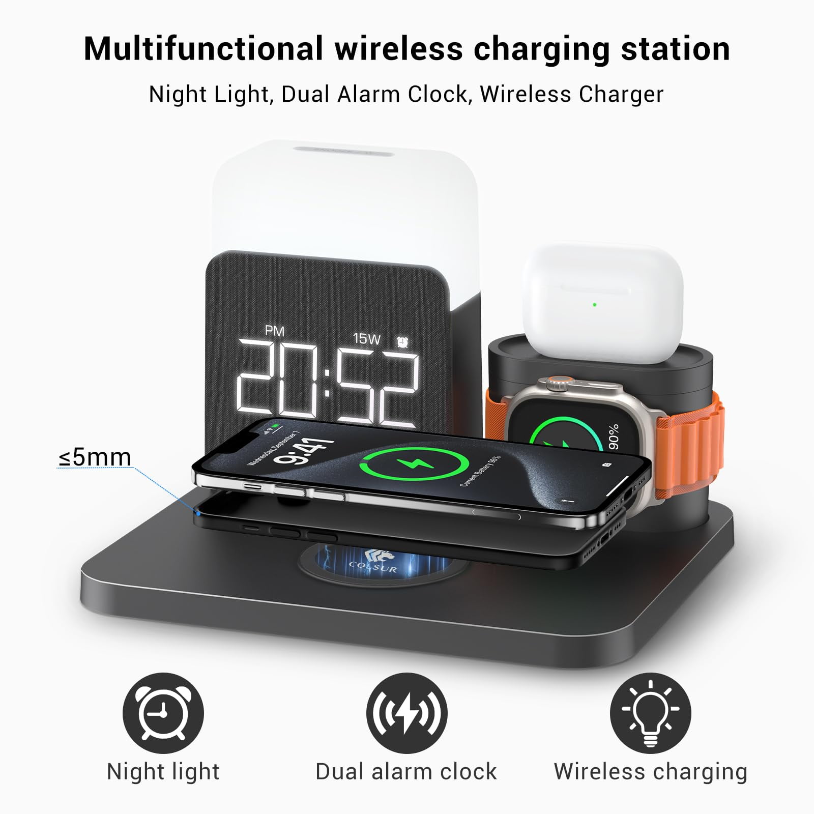 Wireless Charging Station 7 in 1 Compatible for iPhone 17/16/15/14/13/12 Pro Max, Apple Watch & AirPods with Alarm Clock, Night Light Black