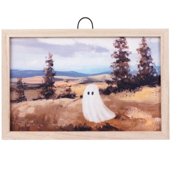 Halloween Framed Wall Art, 12"x8" Ghost Vintage Landscape Painting Wall Decor, Ready to Hang Wood Frame Canvas Print for Living Room Bedroom Halloween Home Decor
