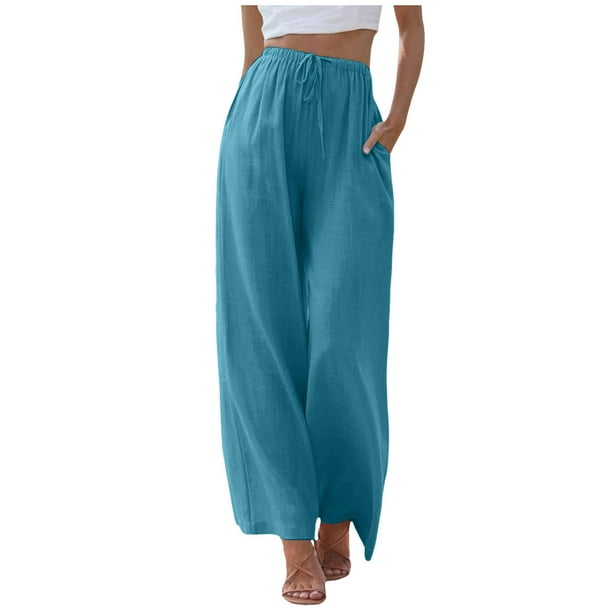Pantalones de cintura alta y pierna ancha para mujer - Elástico con cordón, pierna recta cómoda, con bolsillos