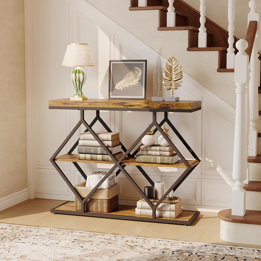 Litake 3-Tier Entryway Table, Industrial Console Sofa Table with Storage, Accent Table with Open Shelves, Diamond-Shaped Metal Frame, Foyer Table for Entryway, Hallway, Brown