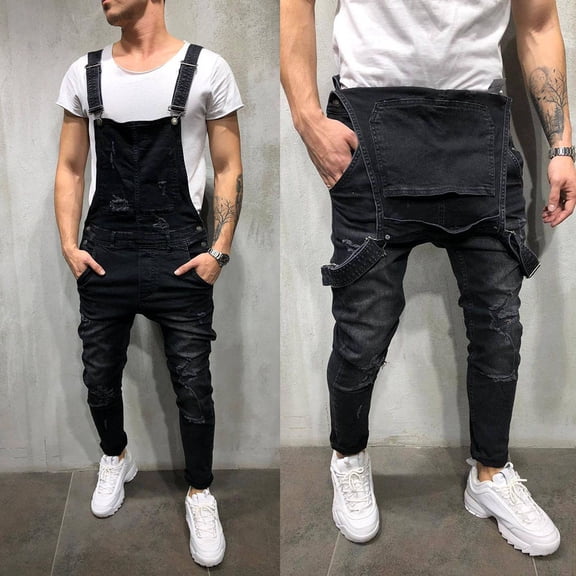 MHFRRA Mens Bootcut Jeans Men's Overall Casual Jumpsuit Jeans Wash Broken Pocket Trousers Suspender Pants Size XL