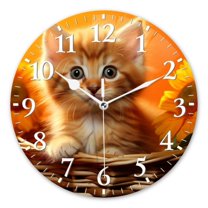 Personalized Wall Clock Non-Ticking Silent Clocks Battery Operated Round Clocks Decorative for Bathroom,Office-Cute Ginger Kitten Sits In Basket Among Sunflowers(14inch)