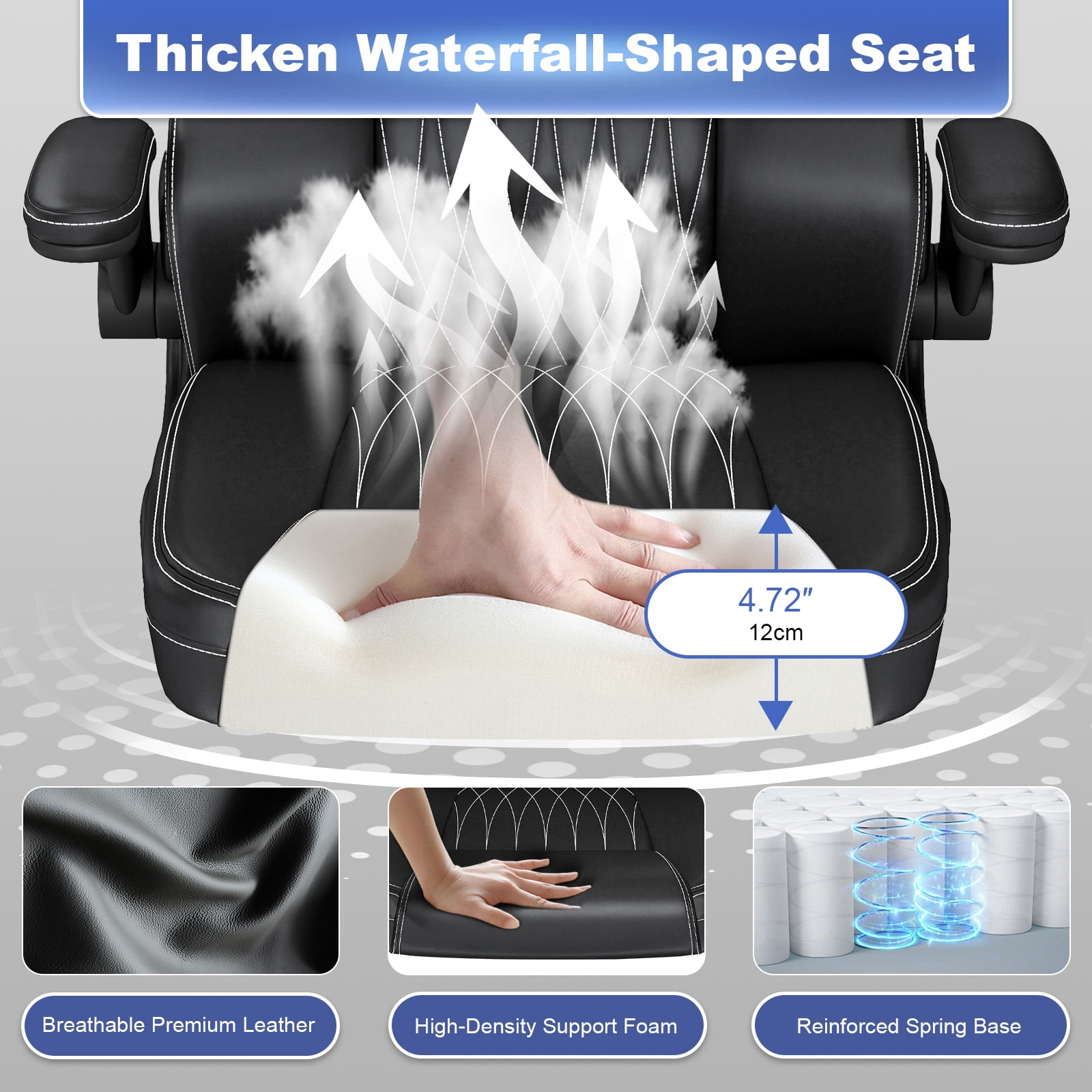 High-Back Executive Office Chair, Black PU Leather, Adjustable Armrests, Headrest & Lumbar Support, Ergonomic Swivel Boss Chair