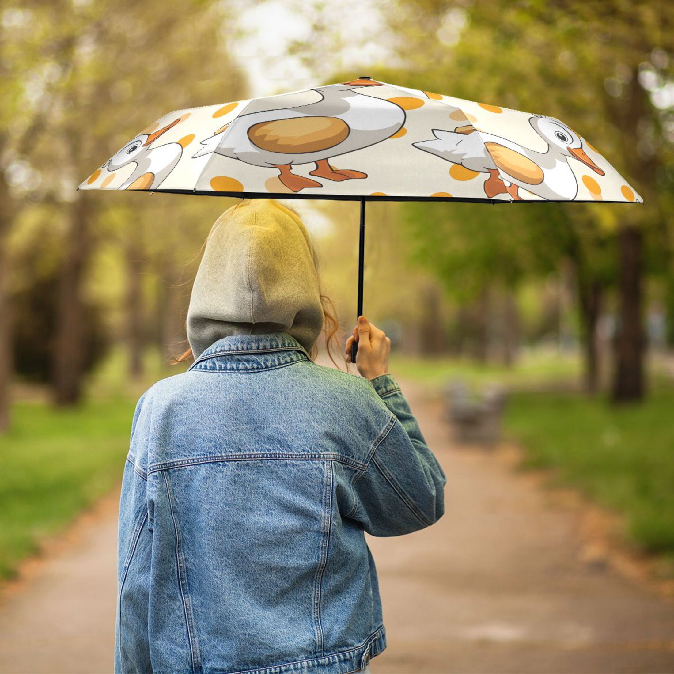 Cartoon Duck and Polka Dots Compact Sun Umbrella Windproof Travel Umbrellas for Rain Strong Portable UV Protection