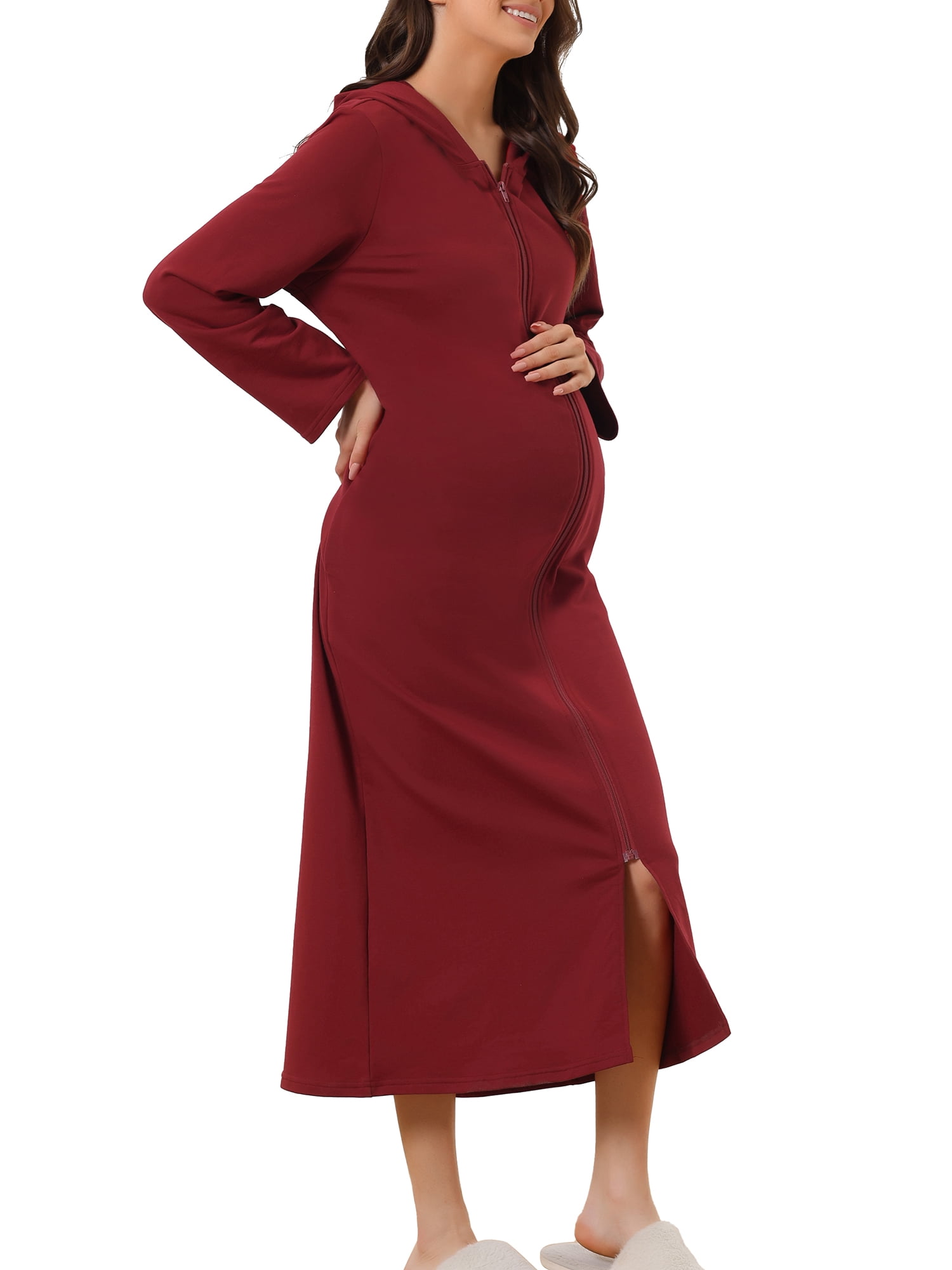 Unique Bargains Womens Robe Zip up Hooded House Dress Nightshirt Hoodie Long Bathrobe XL Red