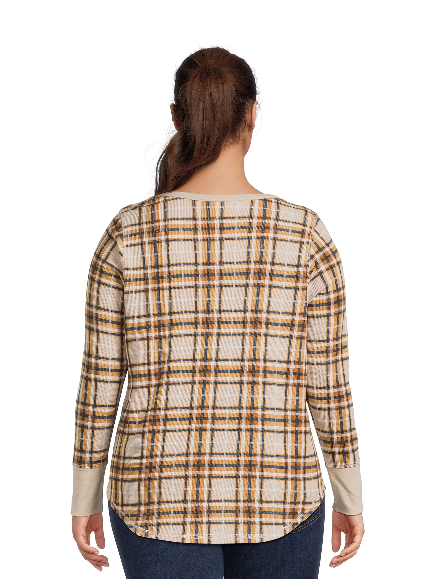 Terry & Sky Women’s Plus Size Henley Waffle Tee with Long Sleeves, 2- Pack