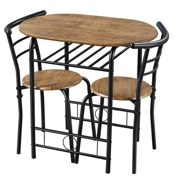 3 Piece Kitchen Table Set, Dining Table Sets for 2, Compact Table and Chairs with Steel Frame & Shelf Storage for Bistro, Small Spaces, Dorm, Apartment, Indoor, Brown