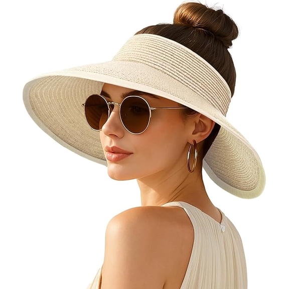 Women's Wide Brim Straw Visor Hat UPF 50 UV Protection Foldable Roll Up Beach Sun Hat Open Top Ponytail Cap for Travel Daily Wear 1pack-beige