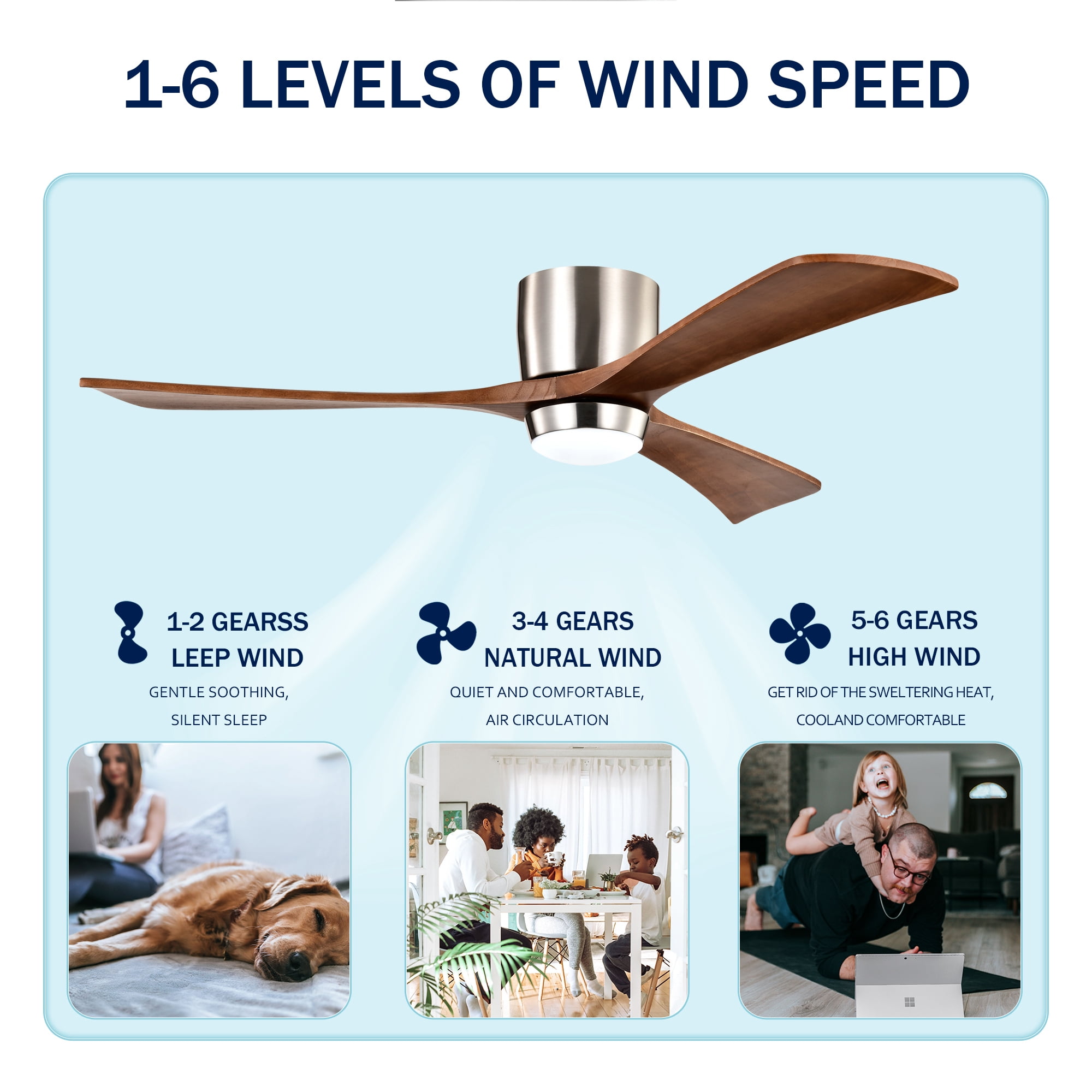 Leumius 52" Flush Mount Solid Wood Blades Ceiling Fan with Light and Remote Control,Quiet DC Motor 6 Speed Levels,Reversible for Patio Living Room Bedroom Office Nickel