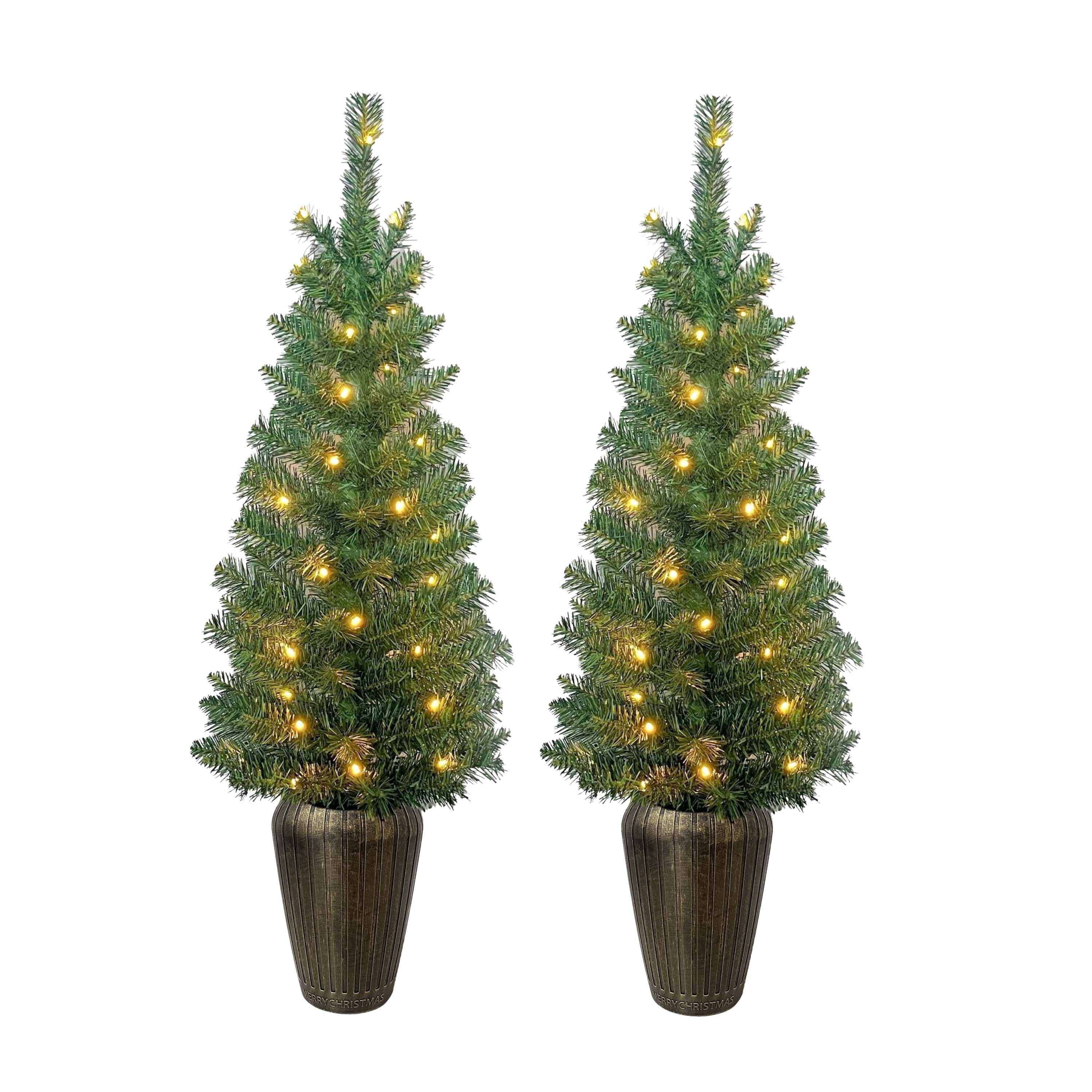 3.5' Pre-Lit Green Artificial Porch Christmas Trees with 35 Warm White LED Lights, 2 Count, by Holiday Time