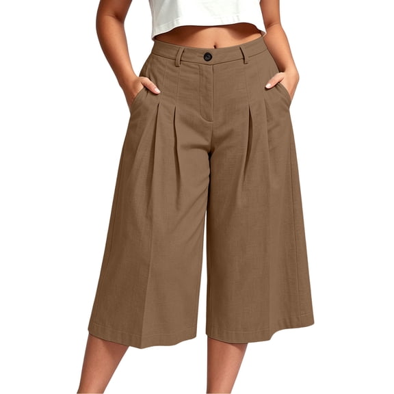 ZToonmas Womens Plus Size Pleated Capri Pants Button High Waist Loose Wide Leg Seven Point Casual Cropped Pants with Side Pockets