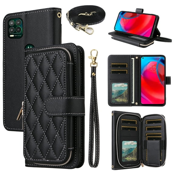 Dswteny Argyle Wallet Case for Moto G Stylus 5G 2021 with Wrist Strap Shoulder Strap PU Leather Flip Credit Card Holder Stand Cell Phone Cover for Motorola GStylus G5 XT2131DL Women Girls Black