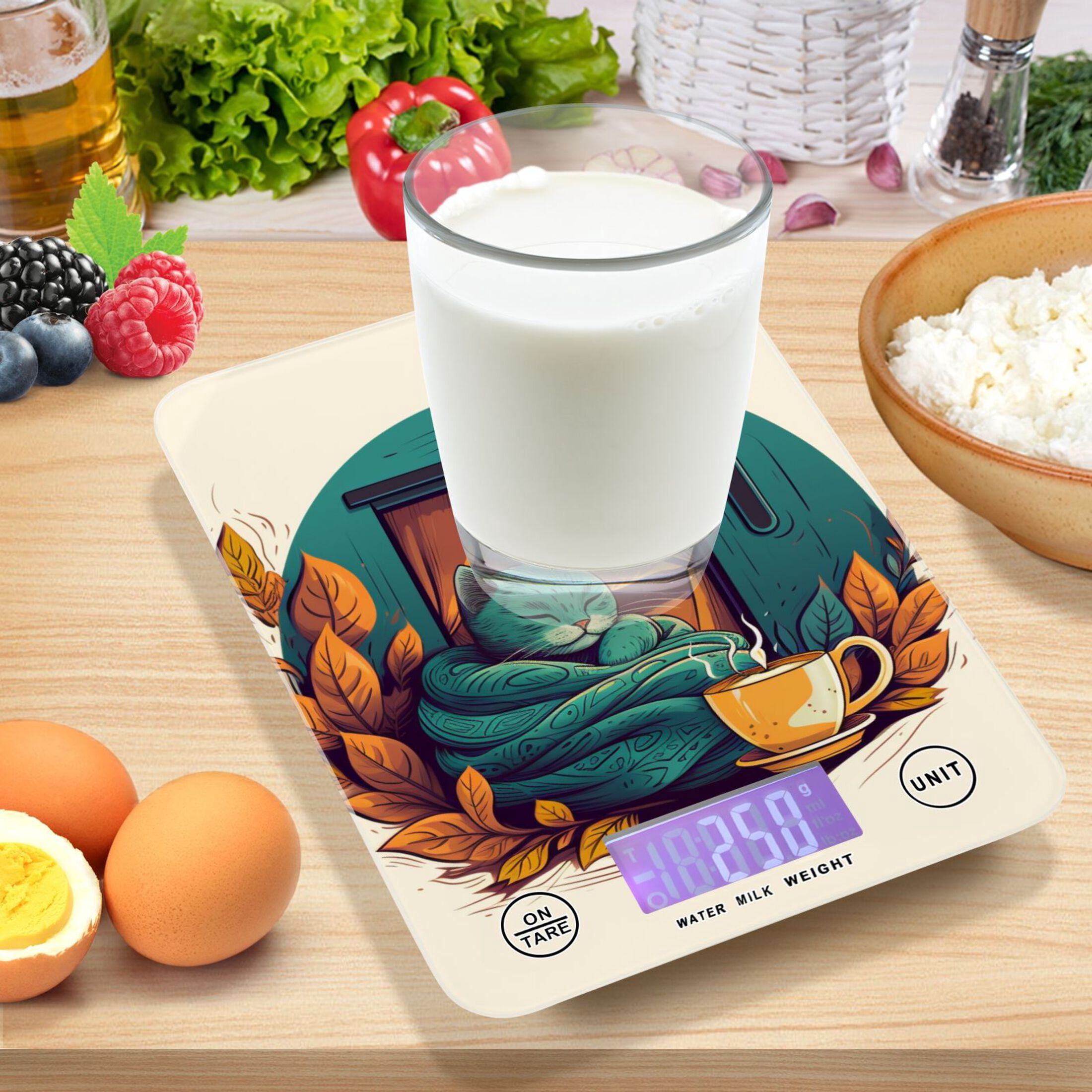 Cat Leaves Cup Blanket Food Scale Digital Kitchen Scale Waterproof Tempered Glass Tare Function 11 lb for Baking Cooking Meal Prep