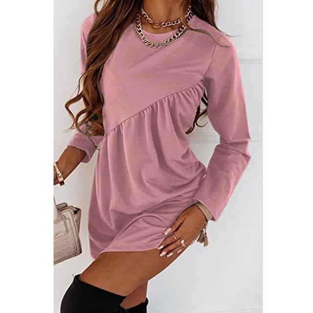 Vestido túnica de manga larga para mujer, cuello redondo, volantes, color sólido, informal, ajuste regular, mini vestido