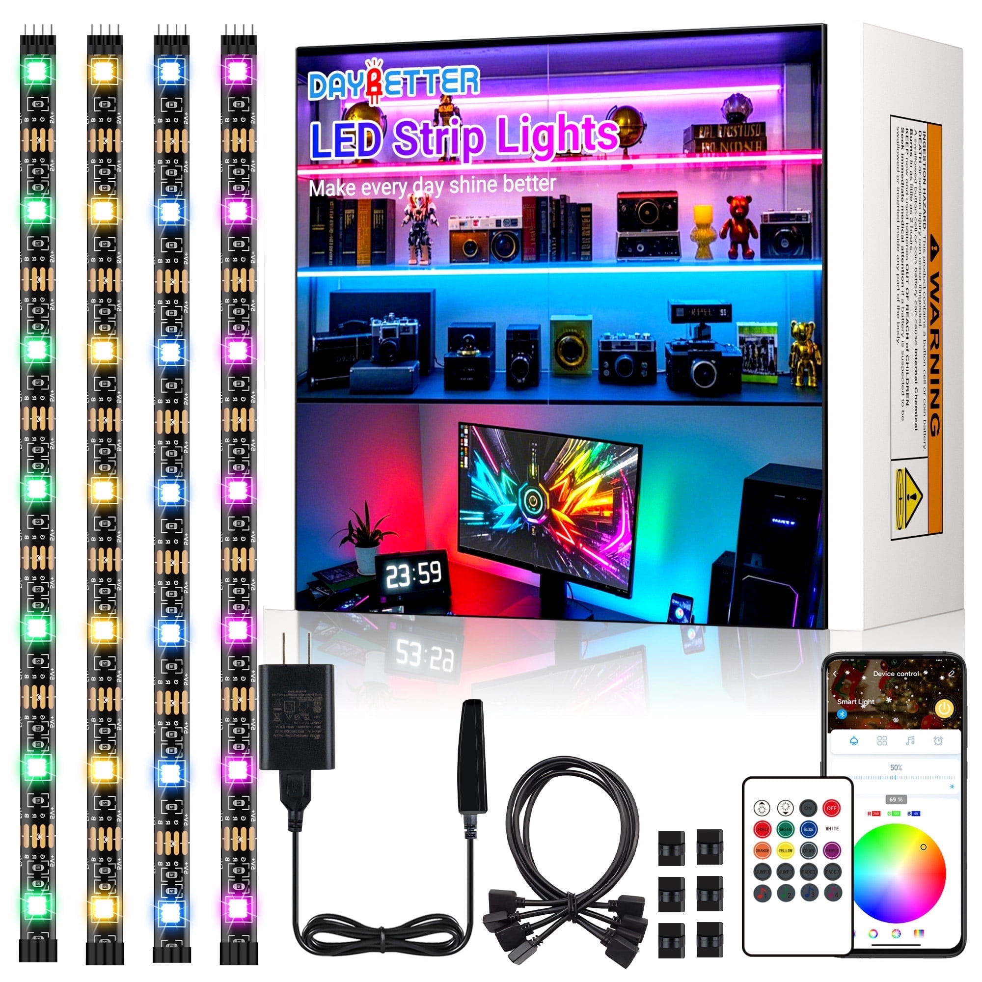 DAYBETTER LED Strip Lights,4Pre-Cut 1.64ft/6.5ft RGB Cabinet Lighting Kit, Remote/APP Control Music Sync Color Changing, for Cabinet Counter Bookshelf