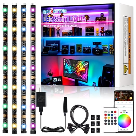 DAYBETTER LED Strip Lights,4Pre-Cut 1.64ft/6.5ft RGB Under Cabinet Lighting Kit Dimmable, Remote/APP Control Music Sync Color Changing LED Tape Light for Cabinet Counter Shelf Bookcase