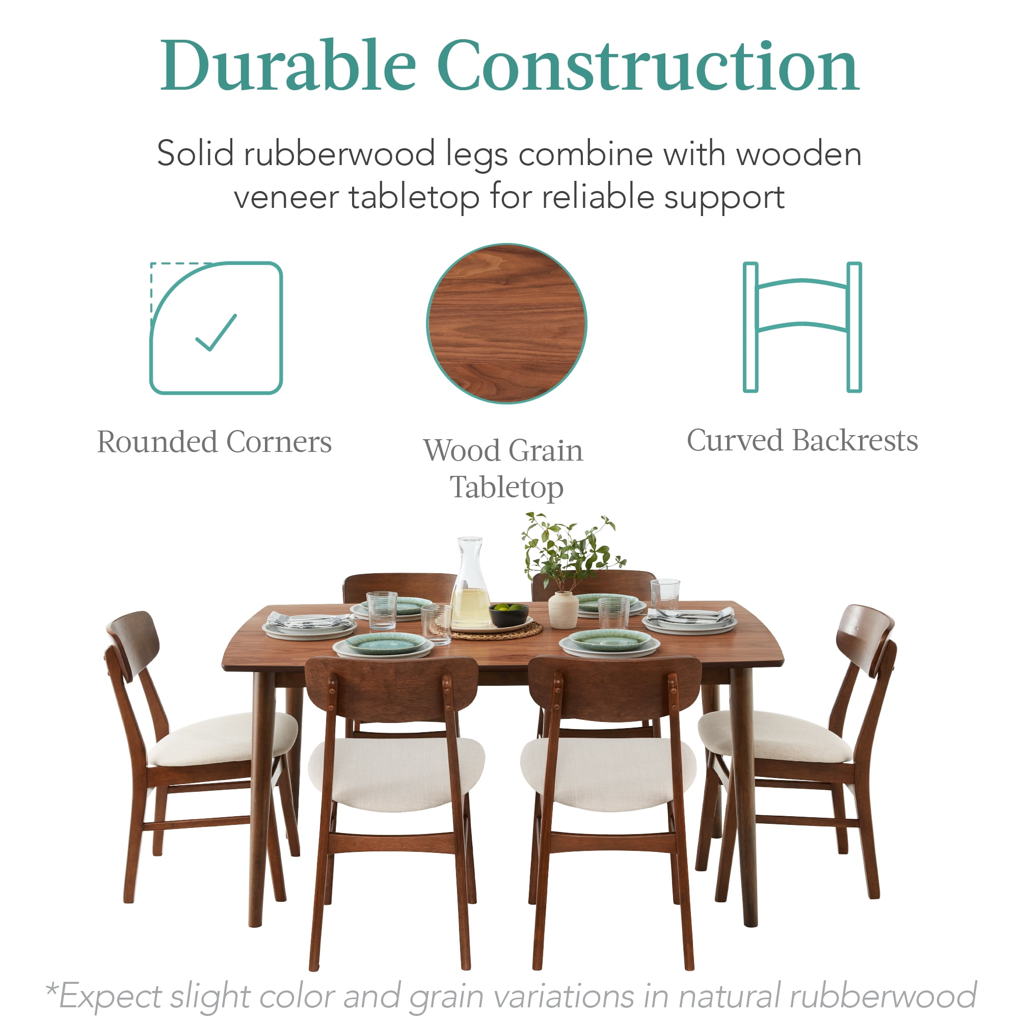 Best Choice Products 7-Piece Mid-Century Modern Upholstered Dining Set, Wooden Table w/ 6 Chairs - Walnut/Cream