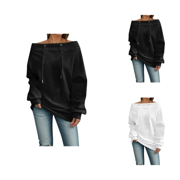 Women's Sweatshirts 2025 Long Sleeve Off Shoulder Drawstring Trendy Casual Pullover Tops Sweatshirt for Women