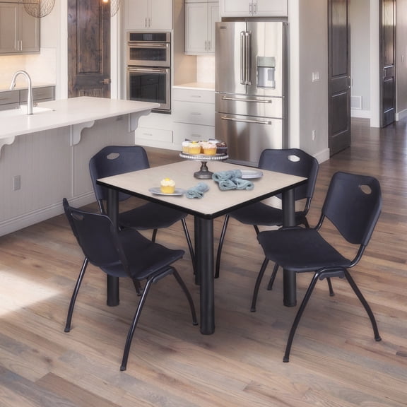 Regency Kee 48 in Square Breakroom Table- Maple Top, Black Legs, 4 M Stack Chairs- Black