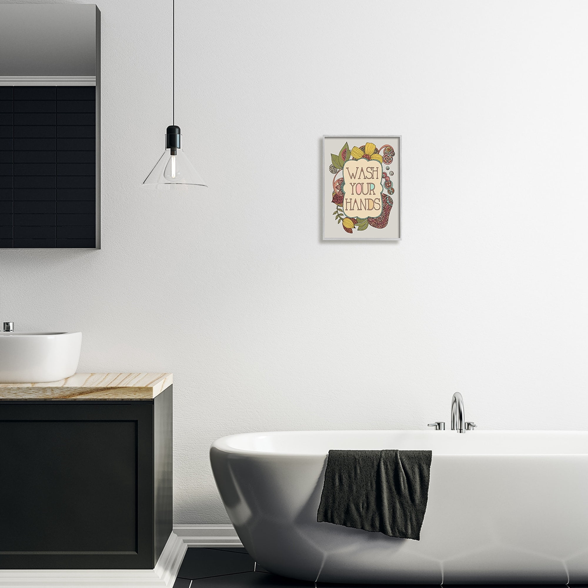 Stupell Industries Wash Your Hands Bathroom Sign Intricate Floral Details Graphic Art Gray Framed Art Print Wall Art, Design by Valentina Harper