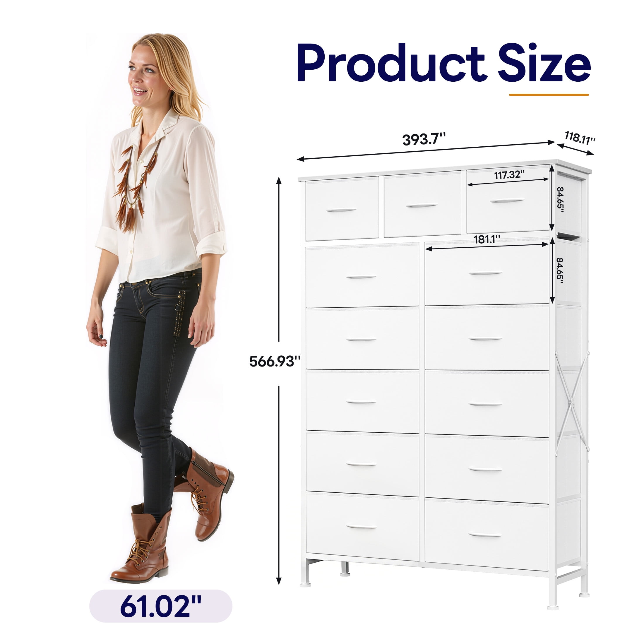 edx 13-Drawer Fabric Dresser, Sturdy Steel Frame Storage Cabinet for Bedroom Closet Clothes, White