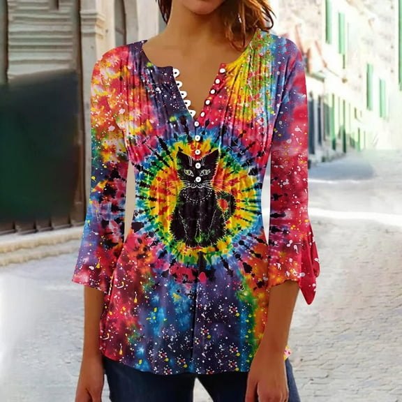 Ayolanni Womens Casual Tops Clearance under 10 Flared Sleeve V-Neck 3/4 Sleeve Cat Print Blouses Ladies Blouses L