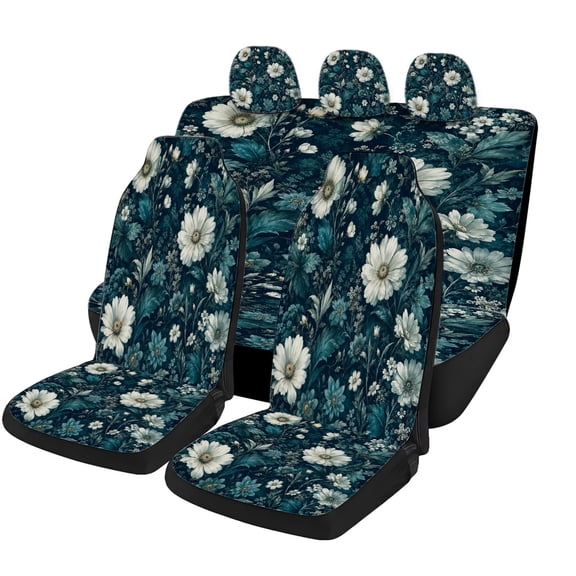 Classic Teal Daisy Floral Car Seat Covers Full Set, Universal Auto Seat Covers with Front Seat Covers, Rear Bench Cover and Headrest Covers for Cars SUVs Trucks Vans