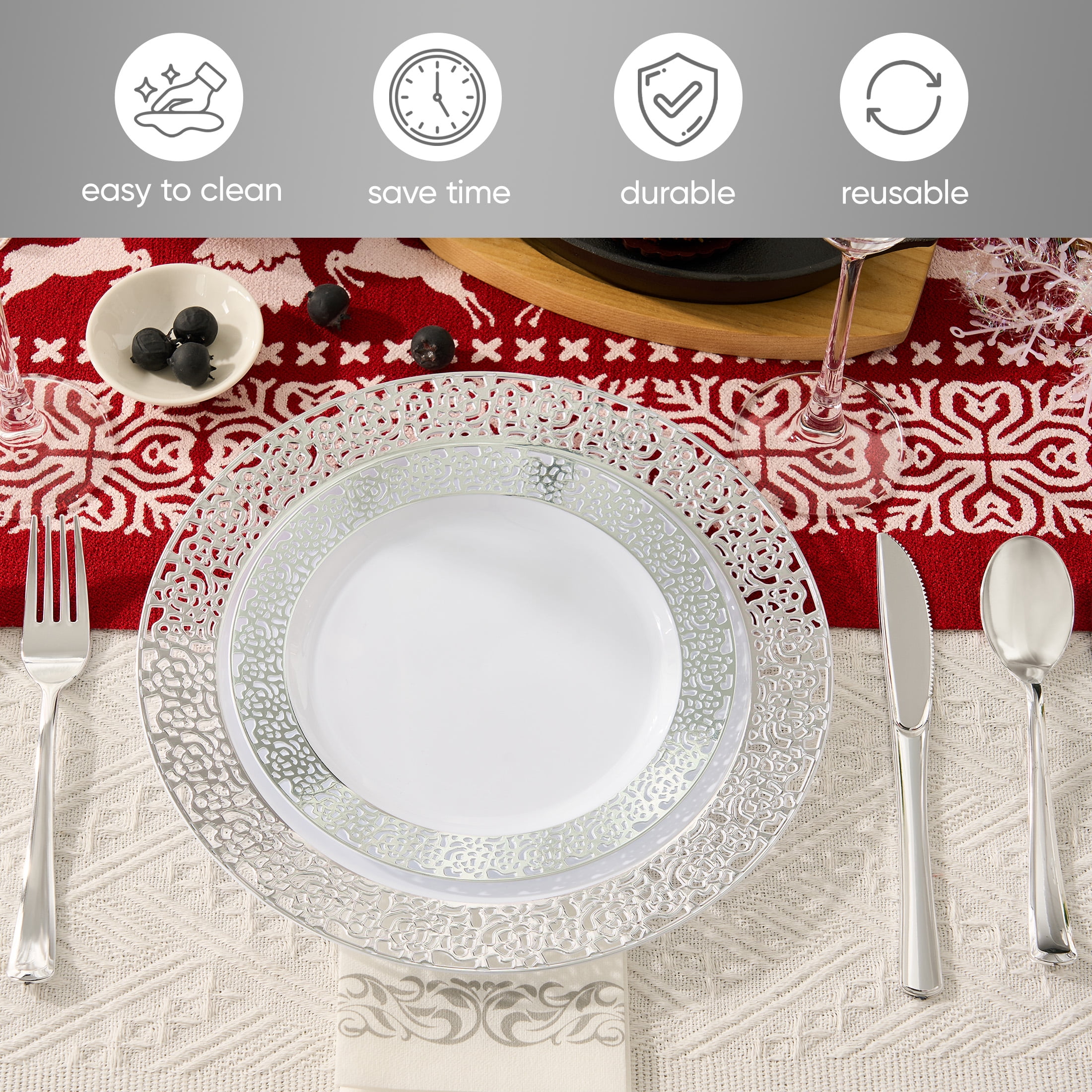 350Pcs Silver Plastic Plates Sets - Dinnerware Sets for 50 Guests,Decorative Plates for Festival Wedding Party