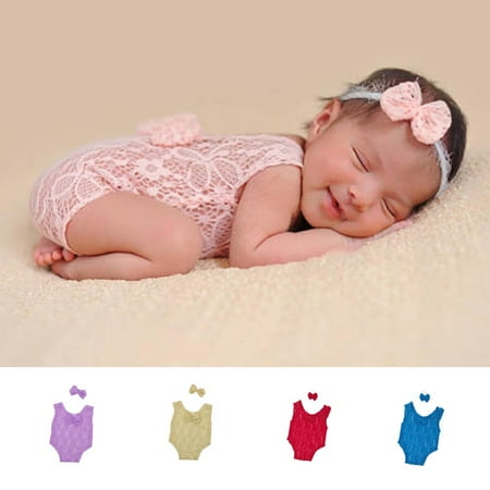 

SPRING PARK Infant Newborn Baby Bowknot Print Jumpsuit Gauze Romper Set Photo Prop