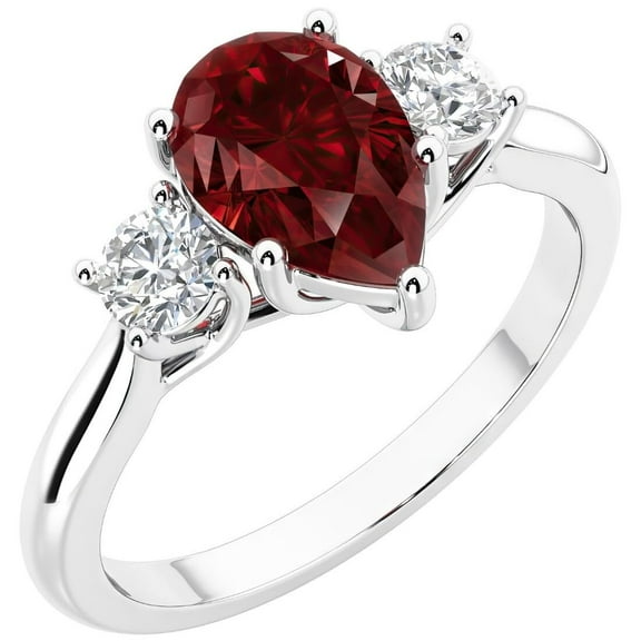 PEORA 14K White Gold Pear Shape Garnet and Lab Grown Diamond 3 Stone Trellis Ring, 1.80 Carats total, Size 9.5