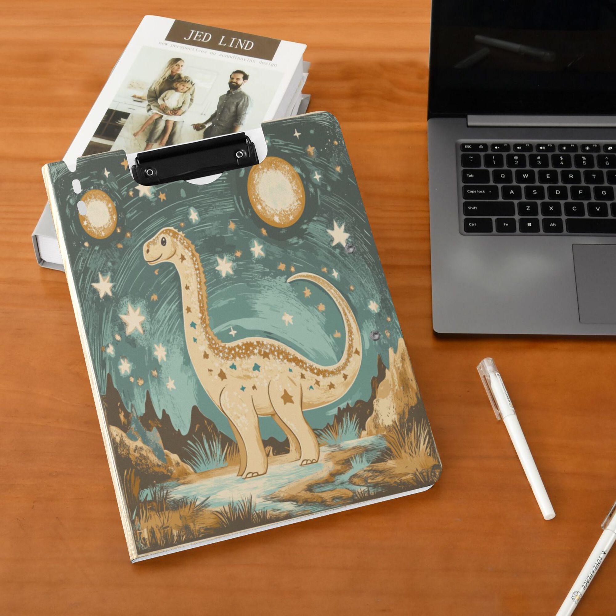 FORMRS A4 Clipboard Folder with Pen Holder Horizontal Foldable School Office Binder, Dinosaur with Stars
