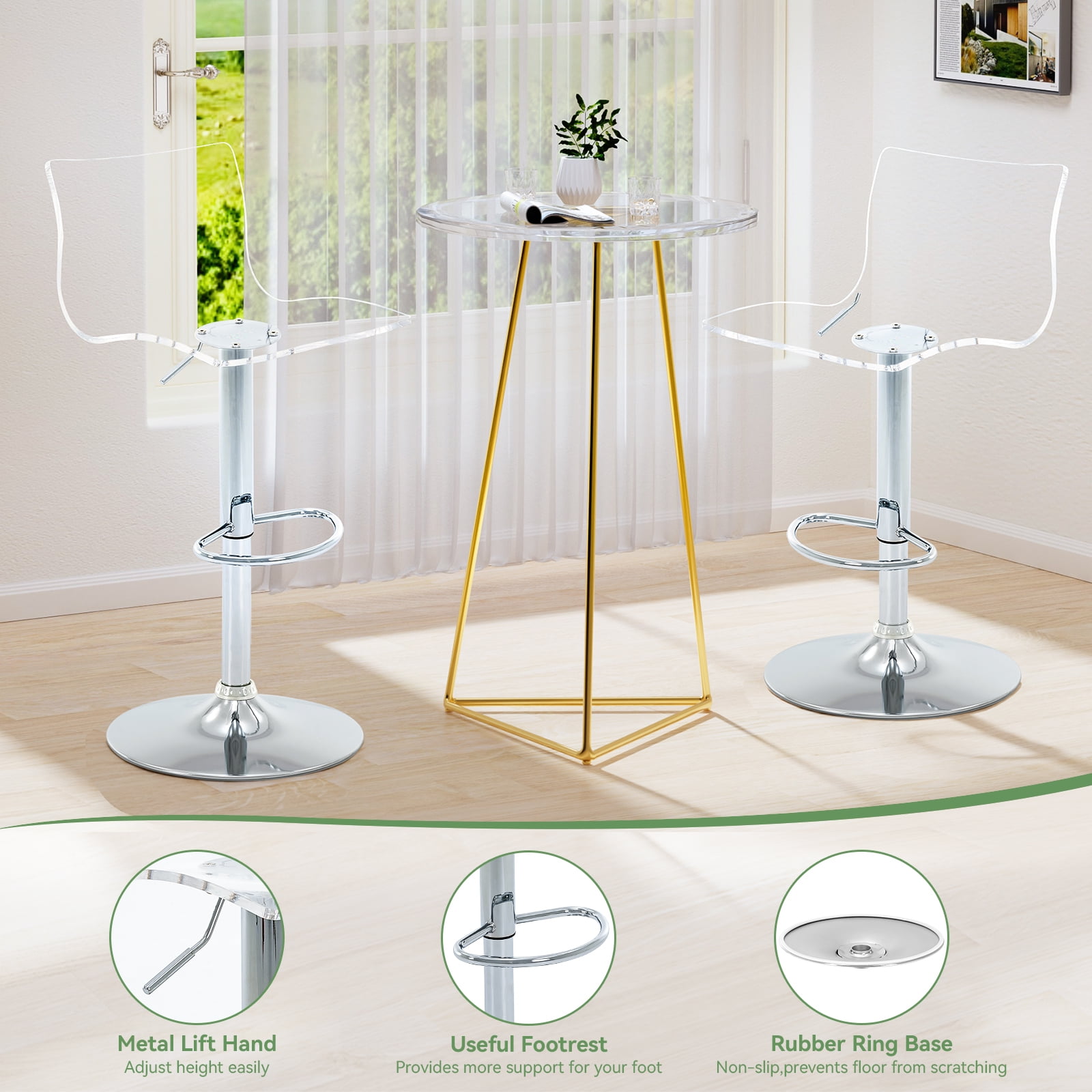 Acrylic Bar Stools Set of 2, Clear Adjustable Height Silver Base Barstools with Back, 360° Swivel Transparent Modern Bar Stool for Kitchen Island, Dining, Bar, Pub
