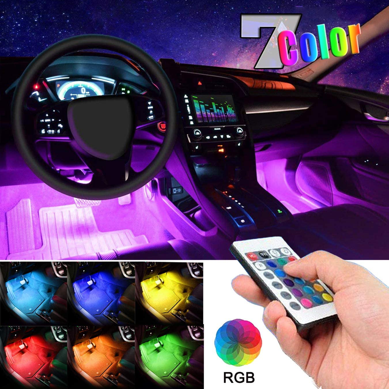 SZMAITOU 4pcs 36 LED 16 Colors Car Interior Light Multicolor Waterproof Car LED Lights Under Dash Lighting Kits with Wireless Remote Control Car LED Strip Lights DC 12V Car Charger Included 